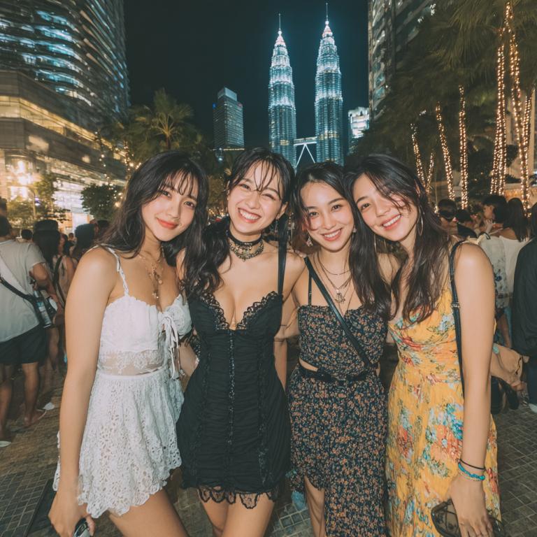 KL Escort Girl Four smiling women pose at night with Petronas Towers in the background. BDSM &amp; Fetish escort services. Malaysia Sex Service