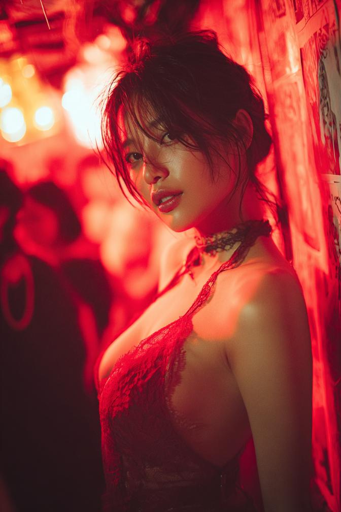 KL Escort Girl Woman in red lace top at event, bathed in red light. Malaysia Sex Service