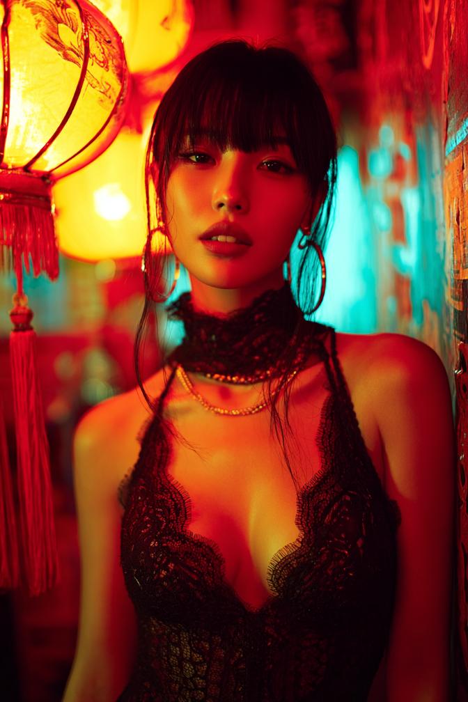 KL Escort Girl GFE KL Escort Girl in black lace dress with red lanterns, promoting intimate girlfriend experience in Malaysia. Malaysia Sex Service