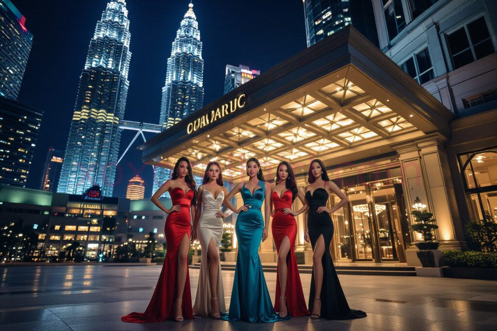 KL Escort Girl Kuala Lumpur escorts in elegant gowns pose in front of the Petronas Towers at night. Malaysia Sex Service