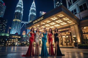 KL Escort Girl Kuala Lumpur escorts in elegant gowns pose in front of the Petronas Towers at night. Malaysia Sex Service