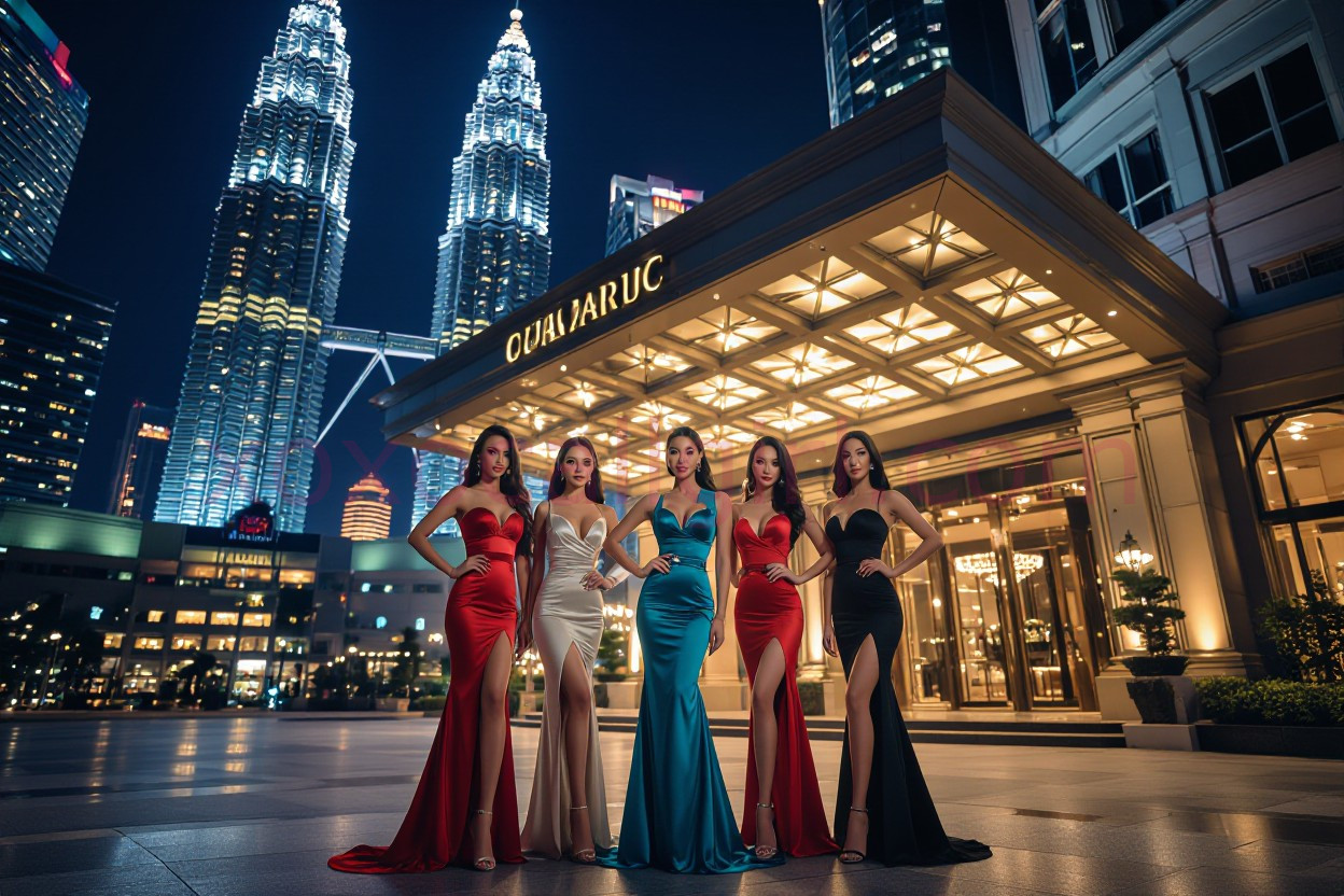 KL Escort Girl Kuala Lumpur escorts in elegant gowns pose in front of the Petronas Towers at night. Malaysia Sex Service