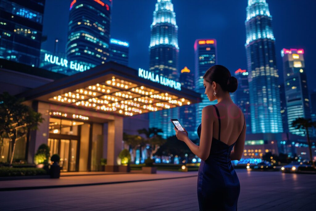 KL Escort Girl Woman in dress using phone in Kuala Lumpur, with city skyline and hotel. Text: Kuala Lumpur. Malaysia Sex Service