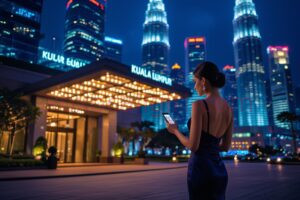 KL Escort Girl Woman in dress using phone in Kuala Lumpur, with city skyline and hotel. Text: Kuala Lumpur. Malaysia Sex Service