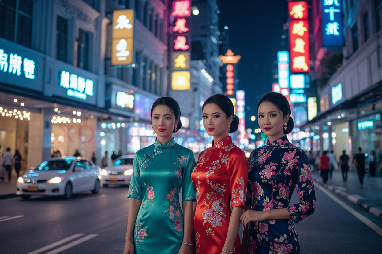 KL Escort Girl Three women in traditional dresses on a Kuala Lumpur street at night, promoting escort services. Malaysia Sex Service