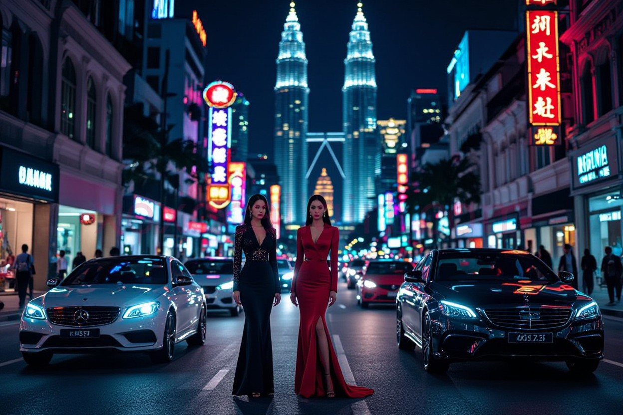 KL Escort Girl Elegant women in gowns on a Kuala Lumpur street with Petronas Towers in background. Malaysia Sex Service