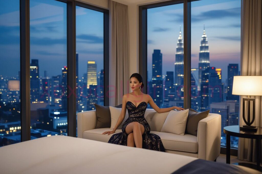 KL Escort Girl Elegant woman in evening gown with Kuala Lumpur skyline view. KL Escort guide. Malaysia Sex Service