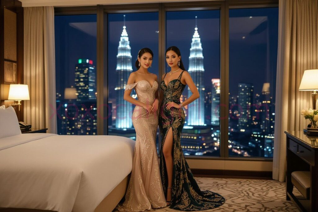 KL Escort Girl Two Kuala Lumpur escorts in evening gowns pose with Petronas Towers view. Luxury KL escorts. Malaysia Sex Service
