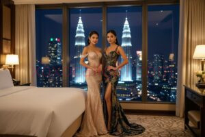 KL Escort Girl Two Kuala Lumpur escorts in evening gowns pose with Petronas Towers view. Luxury KL escorts. Malaysia Sex Service