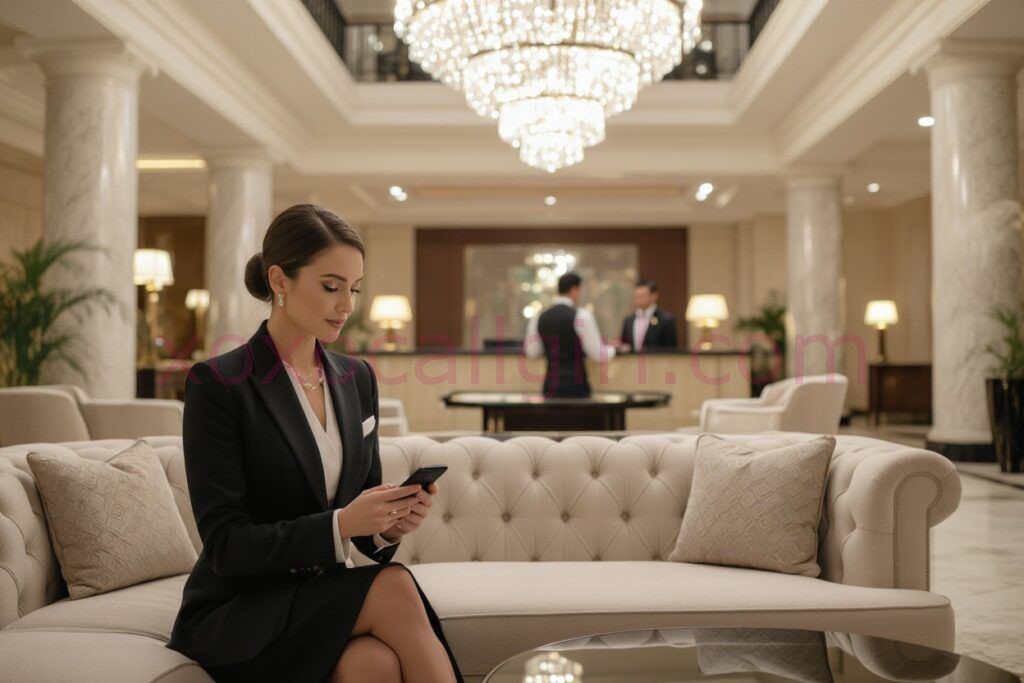 KL Escort Girl Woman using phone in luxury hotel lobby. Premium hotel service. Malaysia Sex Service