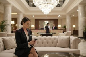 KL Escort Girl Woman using phone in luxury hotel lobby. Premium hotel service. Malaysia Sex Service