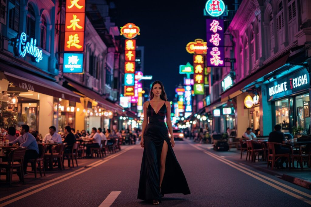 KL Escort Girl Woman in black dress on a vibrant, neon-lit street in Malaysia. Local call girl KL scene. Malaysia Sex Service