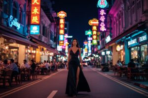 KL Escort Girl Woman in black dress on a vibrant, neon-lit street in Malaysia. Local call girl KL scene. Malaysia Sex Service