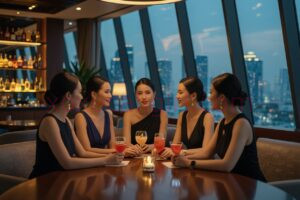 KL Escort Girl Elegant women enjoying cocktails at a Kuala Lumpur bar with a city skyline view. Malaysia Sex Service