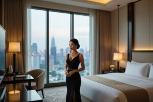 KL Escort Girl Elegant woman in black dress in luxury hotel room with city view. KL Escort Service. Malaysia Sex Service