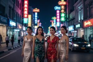 KL Escort Girl Four women in elegant dresses on a vibrant Kuala Lumpur street at night. Nightlife scene. Malaysia Sex Service