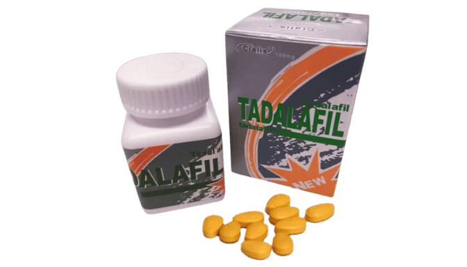 Tadalafil pills, bottle, and box. Medication for erectile dysfunction.