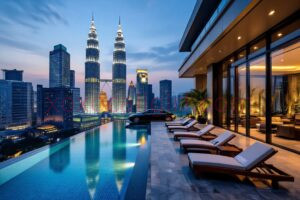 KL Escort Girl Luxury hotel pool with Kuala Lumpur skyline and Petronas Towers view. Malaysia Sex Service