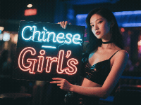 Partner Link And Sponsored Link Asian woman holding a neon sign reading "Chinese Girl