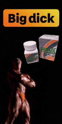 Bodybuilder with Tadalafil ED pills. Text: Big dick.