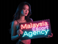 Partner Link And Sponsored Link Woman holding a neon sign that reads "Malaysia Escort Agency" against a black background.