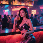 Woman in bar with drink. Moody lighting, stylish outfit, nightlife scene.