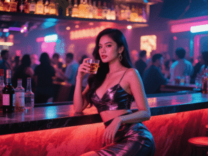Woman in bar with drink. Moody lighting, stylish outfit, nightlife scene.