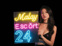 Partner Link And Sponsored Link Woman holding "Malay Escort 24" neon sign. Black top and choker, dark background.